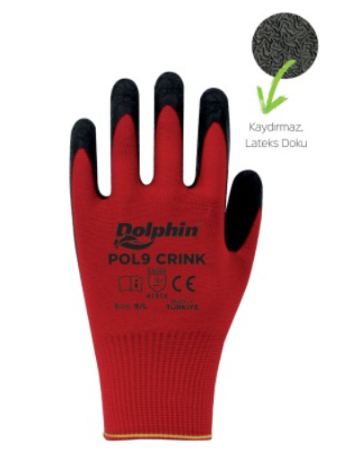 Dolphin POL9 Crink Kırmızı/Siyah Polyester Lateks İş Eldiveni