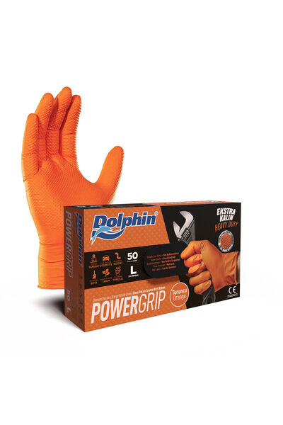 Dolphin PowerGrip Ekstra Kalın Turuncu Nitril Eldiven (50 Adet/Kutu)